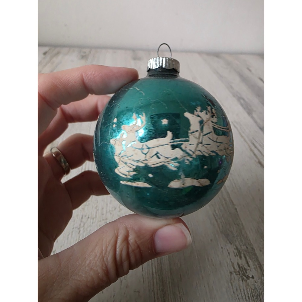 Vintage shiny brite blue Santa stencil sleigh reindeer deer Xmas glass ornament